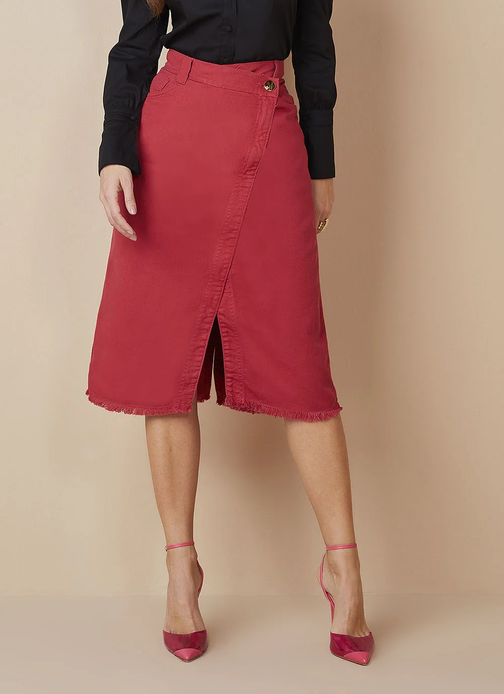 Titanium Jeans Saia Sarja Vermelha Saia Evasê Sarja Collor