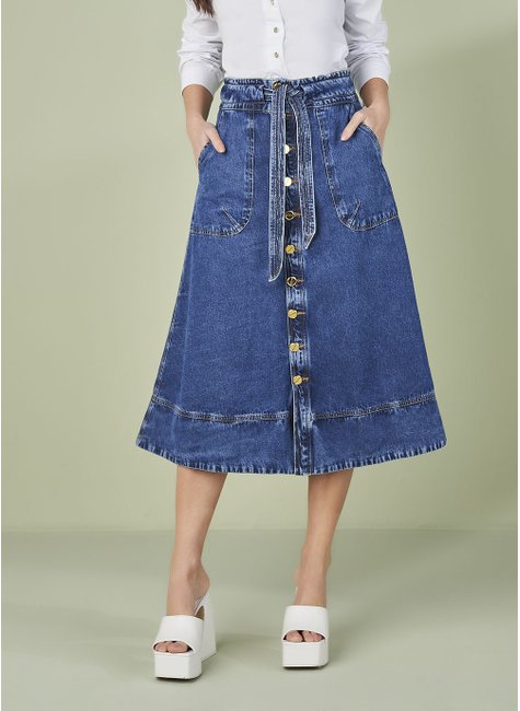 Saia Mídi Evasê Jeans Com Botões e Faixa Titanium Jeans