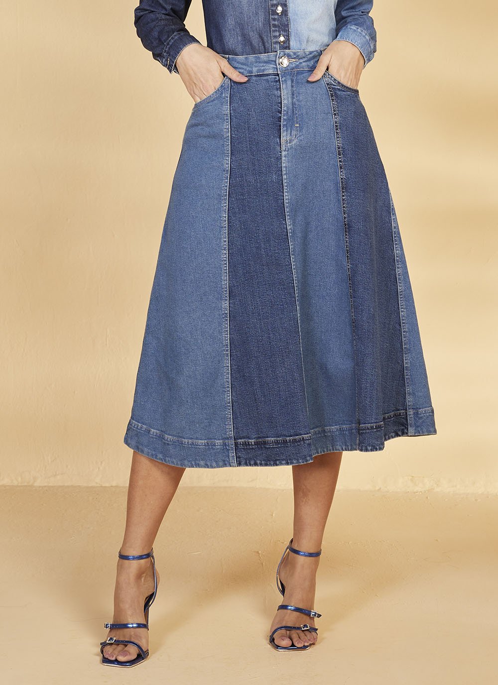 Titanium Jeans Saia Jeans Midi EvasÃª Saia Jeans Midi Evasê Com