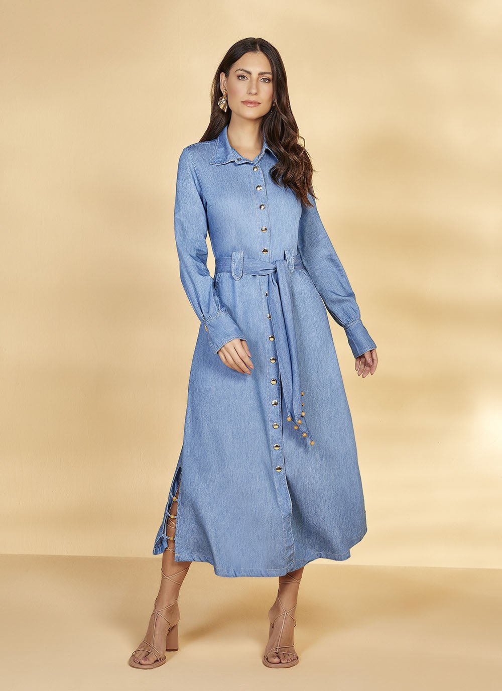 Chemise Jeans Sustentável Manga Longa Com Ponteiras e Faixa