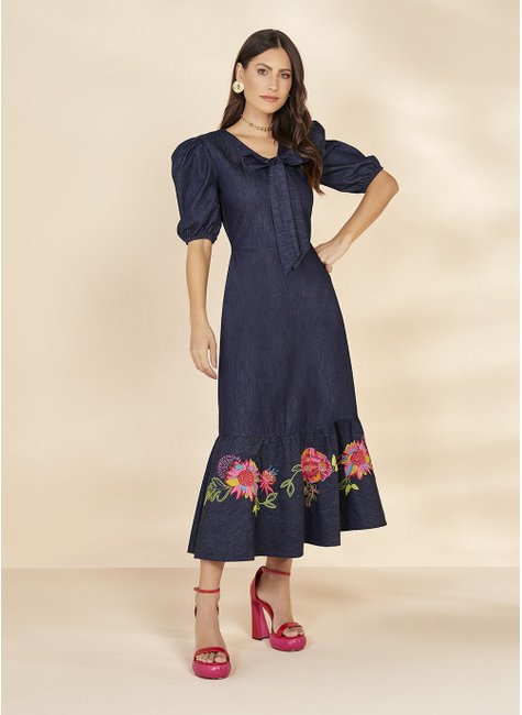 Vestido Longo Tecido Jeans Com Barrado Bordado Vestido Midi