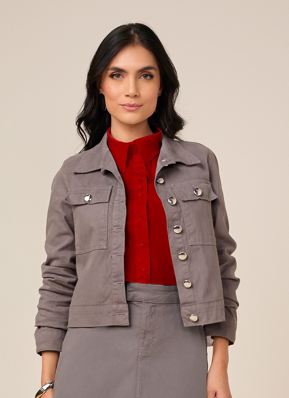 Jaqueta Sarja Cotelê Color Cinza Titanium Jeans